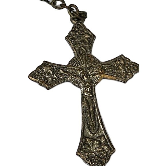 Vintage Light Blue Rosary Beads with Ornate Brass Crucifix & Mary Centerpiece - Picture 2 of 12